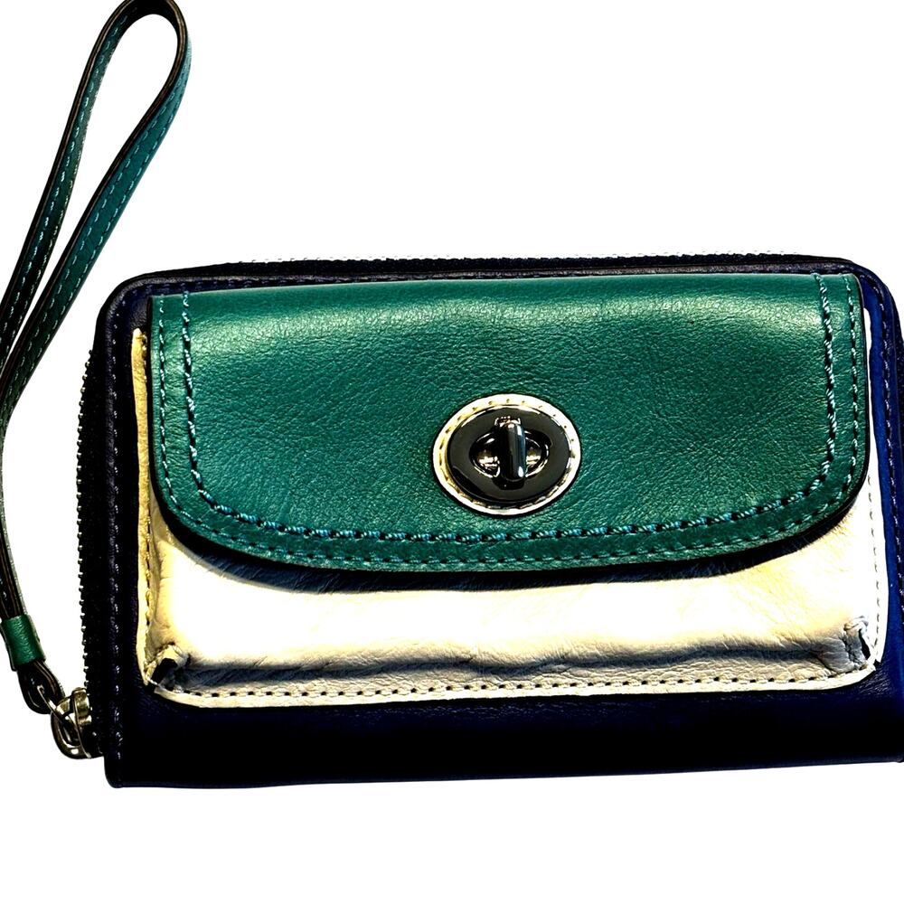 Vintage Coach leather color block blue green beige wristlet wallet clutch purse